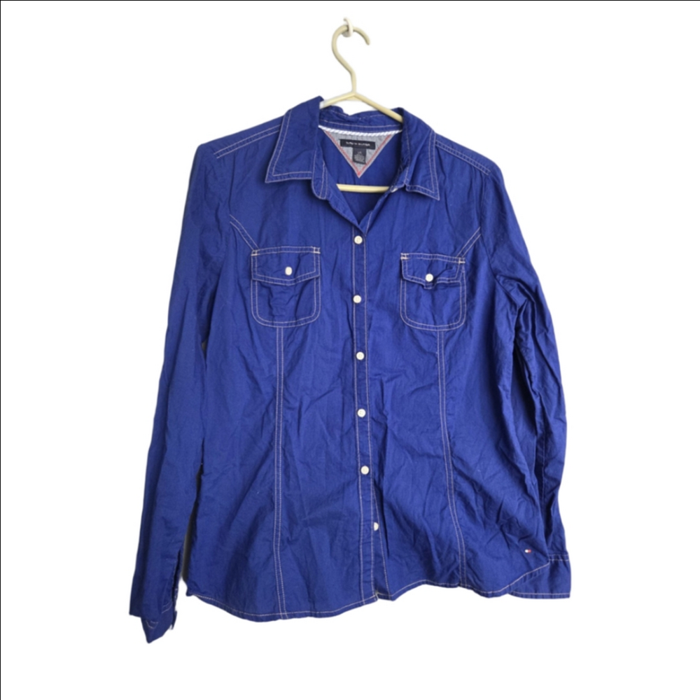 💙 Tommy Hilfiger Women’s Button Down Shirt – Western Rodeo | Blue | Size Lg
